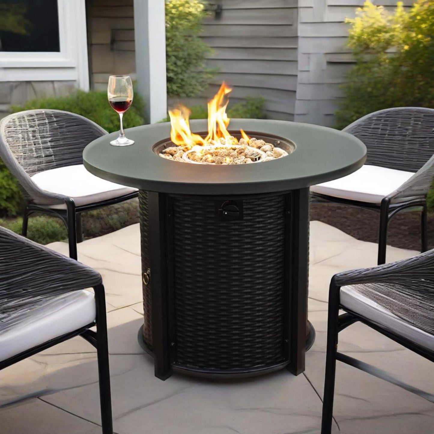 GDFStudio 32" Round Propane Fire Pit Table, 50000 BTU Outdoor Gas Heater with Steel Top & Wicker-Style Base, for Patio Deck Garden Backyard, Black