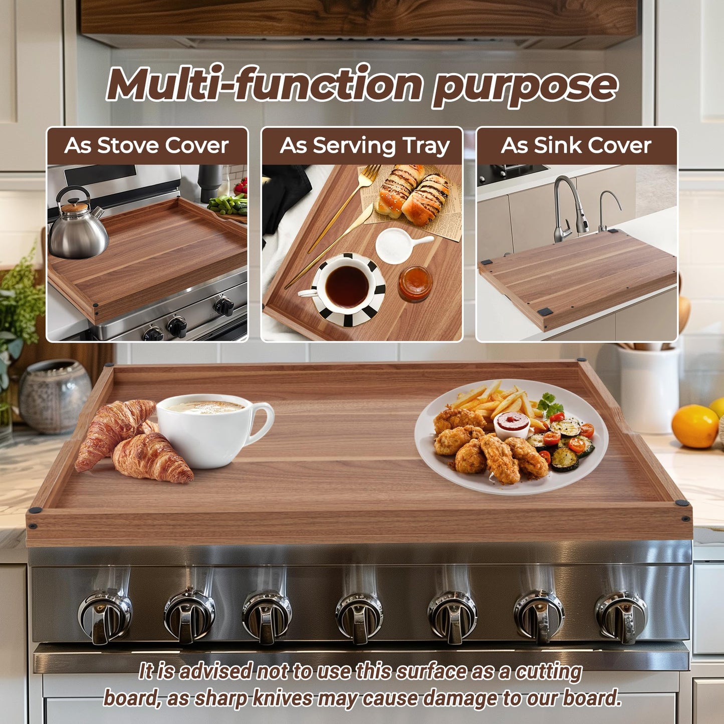 Wolki Noodle Board Stove Covers - 30"L x 22"W x 2.5"Th Heavy-Duty Gas & Electric Stove Top Cover with Built-in Handles for RV and Wooden Serving Tray