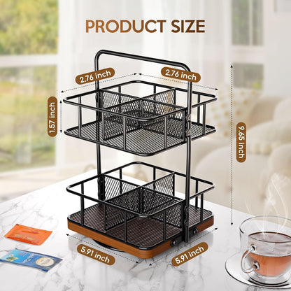 2 8 360 Countertop 100+ Rotating Tea Bag Organizer Tier Basket Spinning Teabag Holder Organizer, Acacia Wood Iron Tea