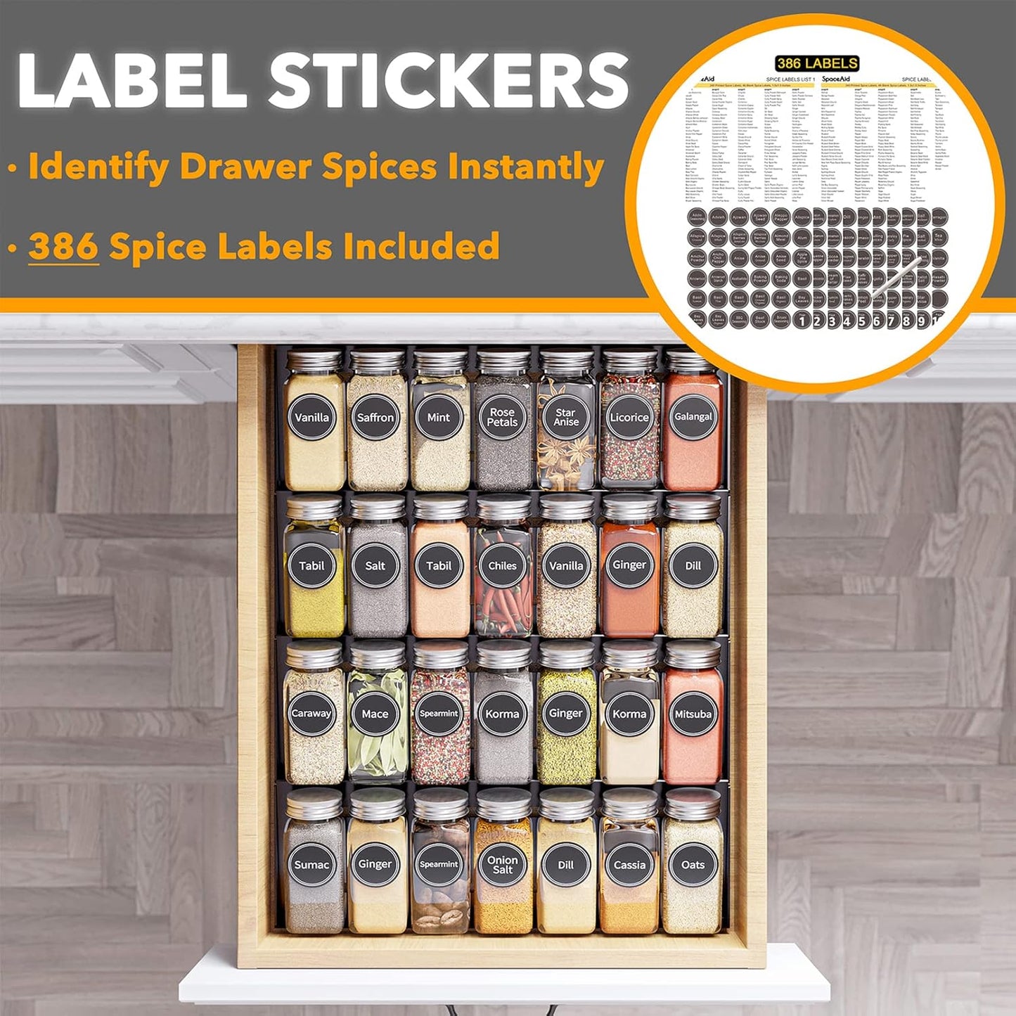 28 386 4 13" 17.5" SpaceAid Spice Drawer Organizer with Spice Jars, Spice Labels, Tier Seasoning Rack Tray Insert