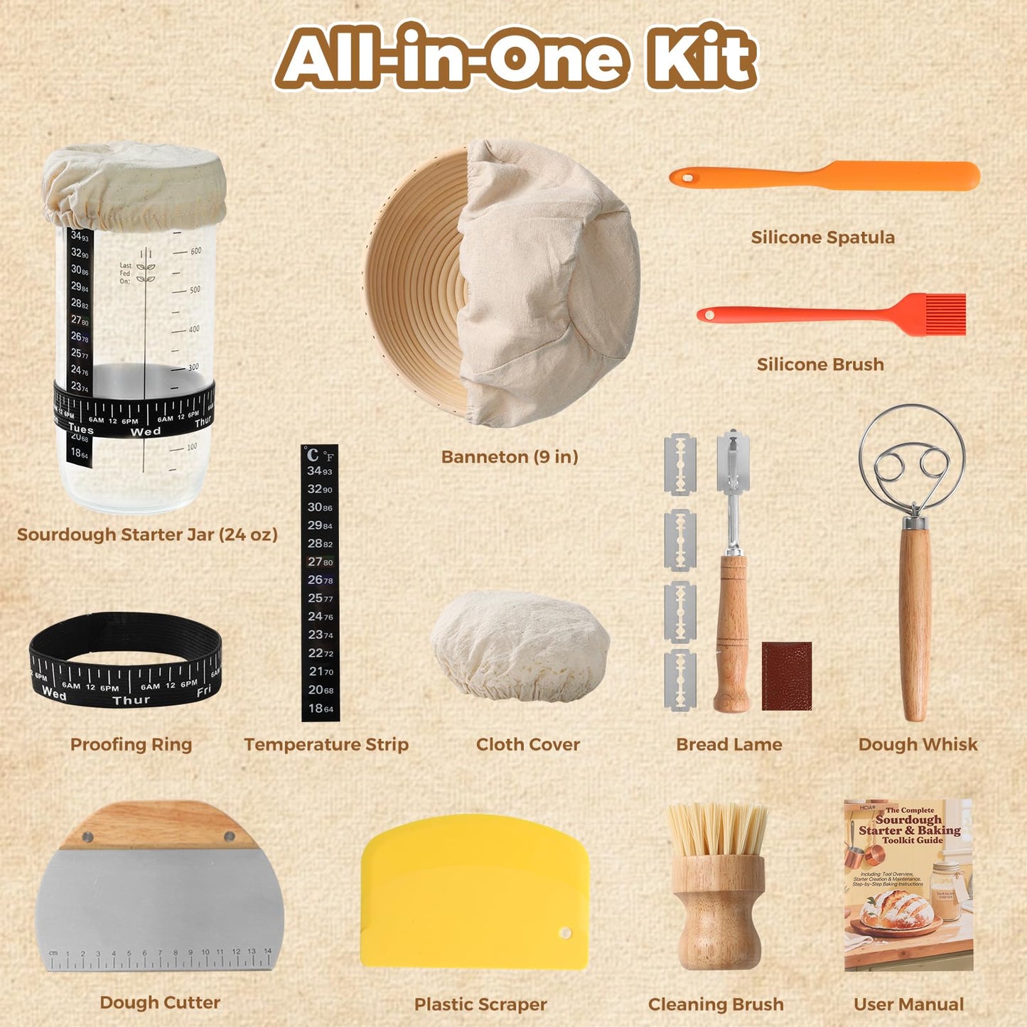 Complete Bread Proofing Basket Kit | All-in-One Set with Banneton(9 in), Sourdough Starter Jar Kit, Bread Lame, Dough Scraper, Whisk, Cutter & Tools