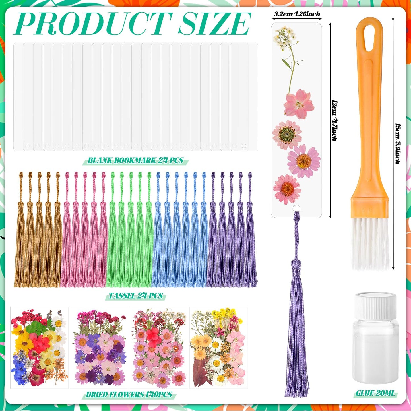 Eaasty 190 Pcs Pressed Flower Bookmark Making Kit, 24 Clear Acrylic Bookmarks with Tassels 140 Dried Floral with Adhesive Tools for Scrapbooking DIY Craft Gifts(Rustic)