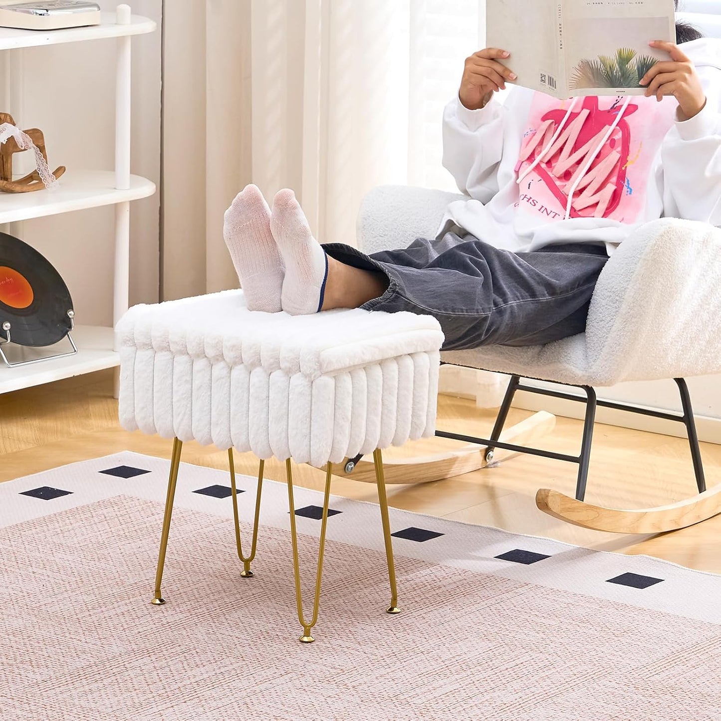 16.5" 11.8" 18" Wimarsbon Storage Ottoman, Vanity Stools with Metal Legs, x x Modern Faux Mink Fur Footstool, Makeup
