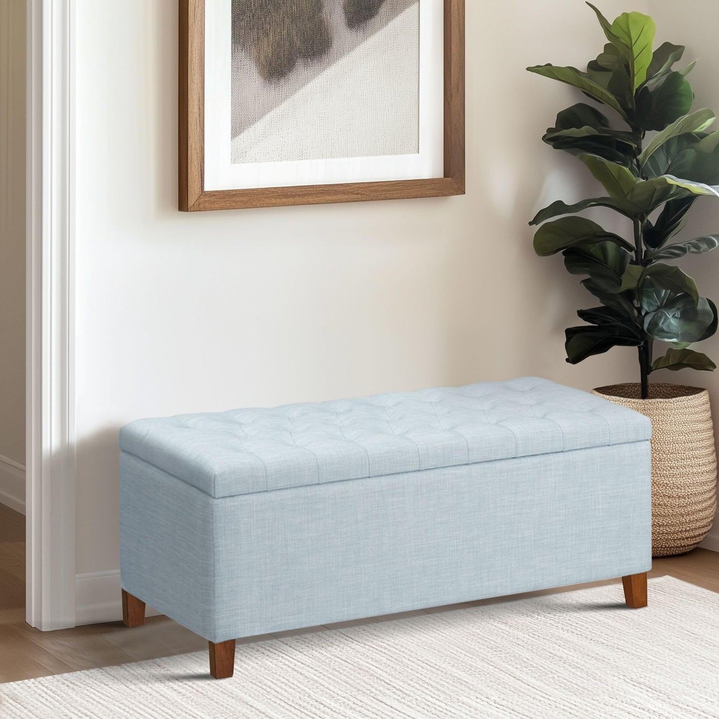 Madison Park Ottoman with Storage, Fabric Storage Bench with Solid Wood Legs, Large Capacity Storage Ottoman Bench for Entryway Bedroom Living Room Nursery, Padded Seat End of Bed Bench, Light Blue