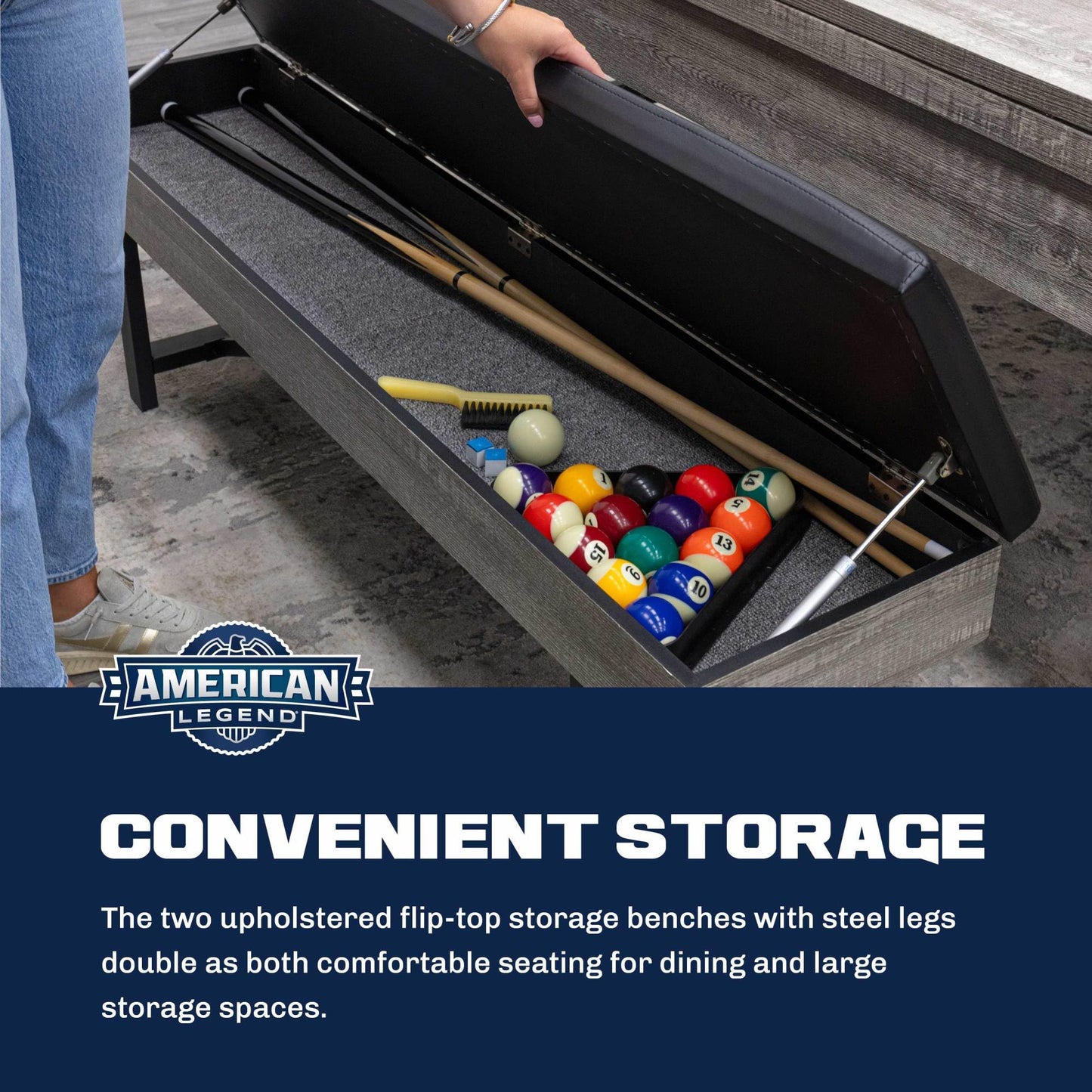American Legend 3-in-1 Pool + Poker Dining Table - Instant Transformation - Premium Black Felt - XL Flip Top Bench Storage - Modern Design