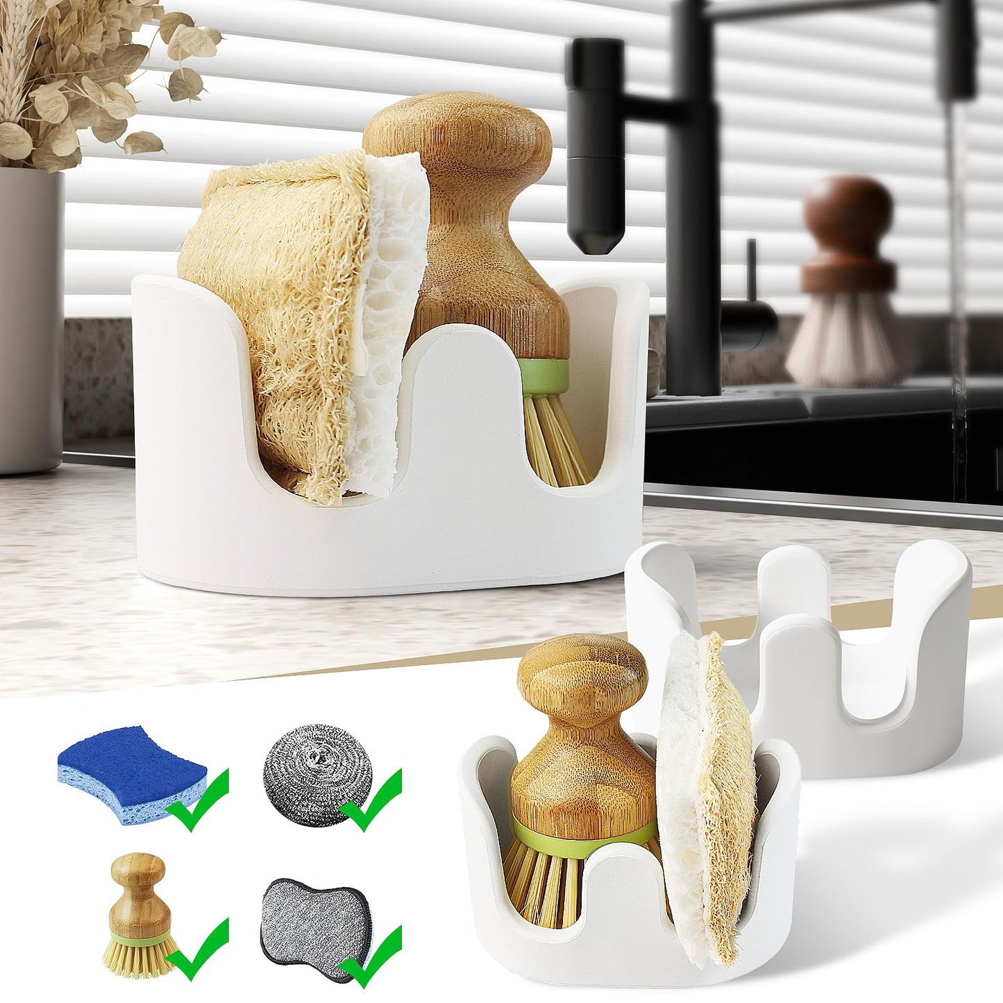 Slow Slog 2 Pack Double Sponge Holder, Diatomite Stone Absorbent Sponge Stand for Kitchen Sink - Quick Dry Organizer for Kitchen Countertop, White