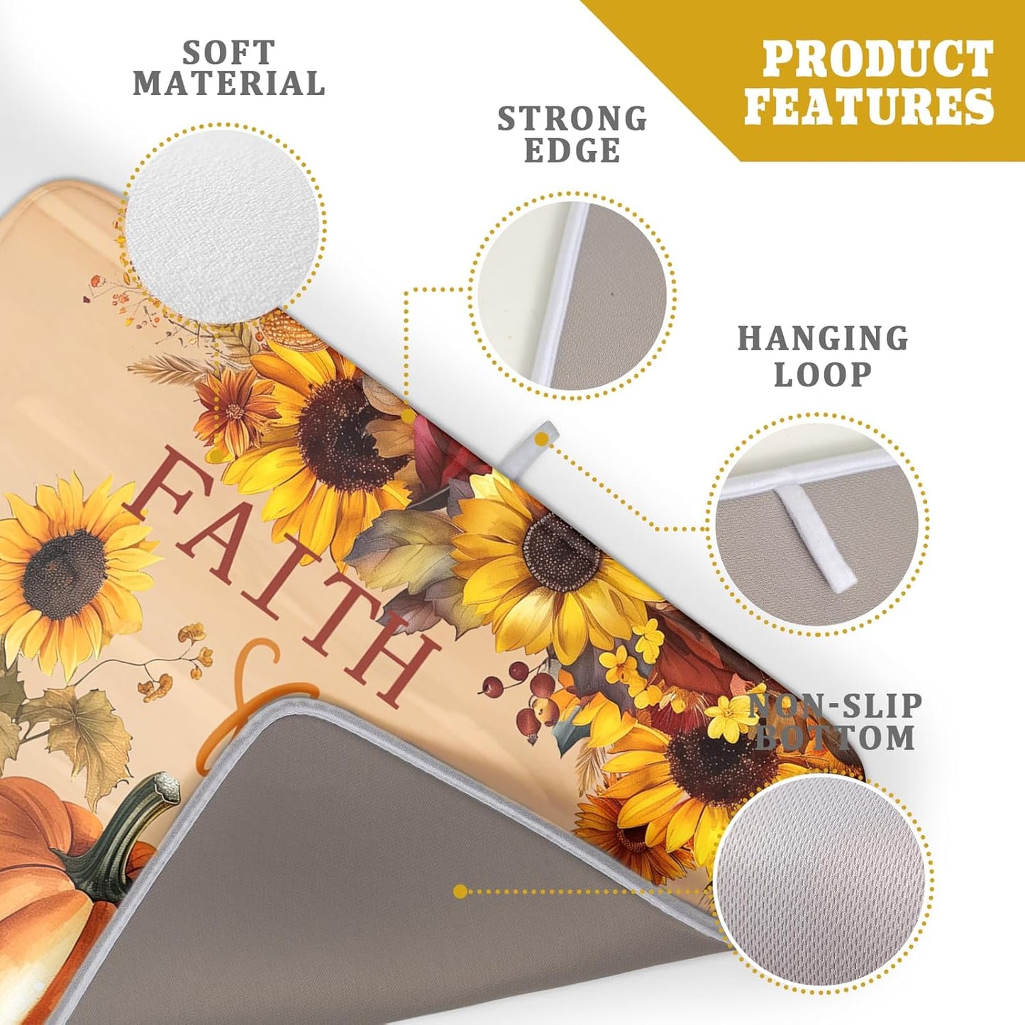 Fall Pumpkin Sunflower Dish Drying Mat 18”x24”, Absorbent Autumn Orange Pumpkins Drying Mat for Kitchen Counter