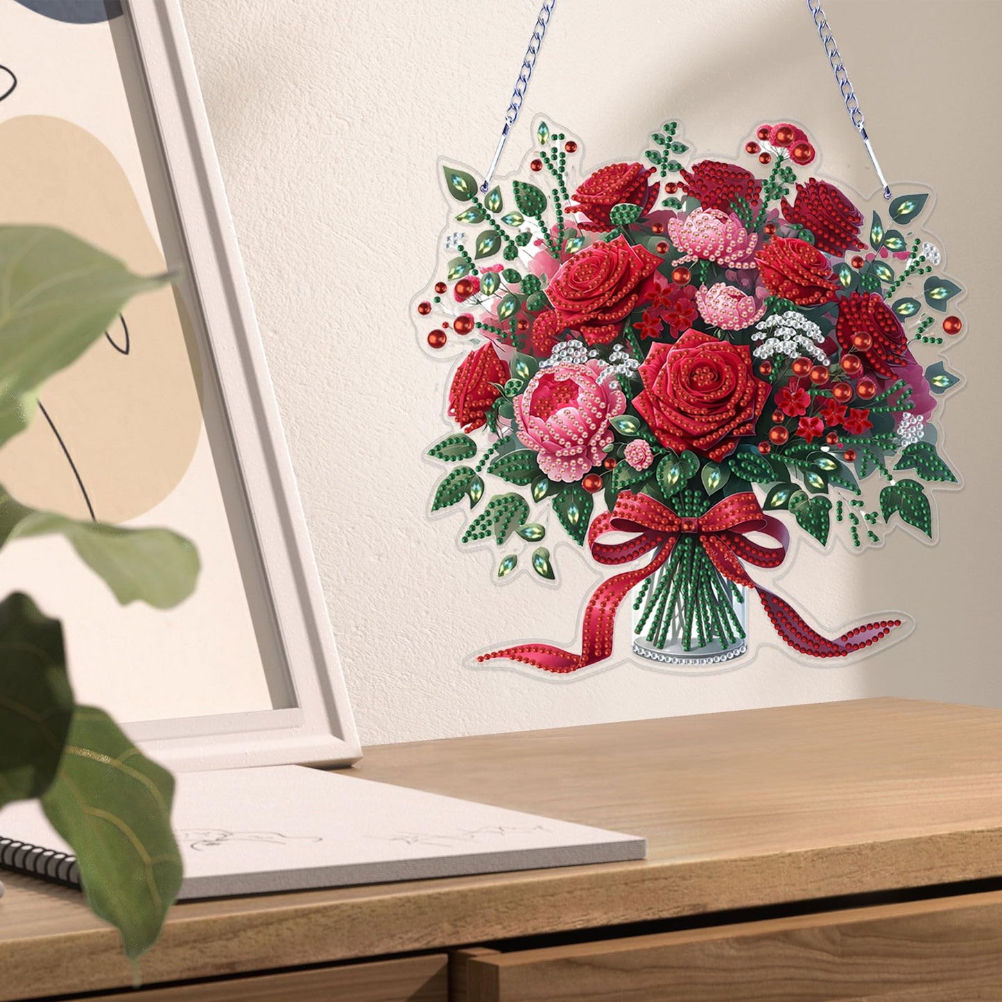 VODAPYC Mother's/Valentine's Day Rose Diamond Art Hanging Kits for Adults, DIY Acrylic Double Sided Special Shaped Diamonds Art Window Pendant Ornament(Red Rose Flower)