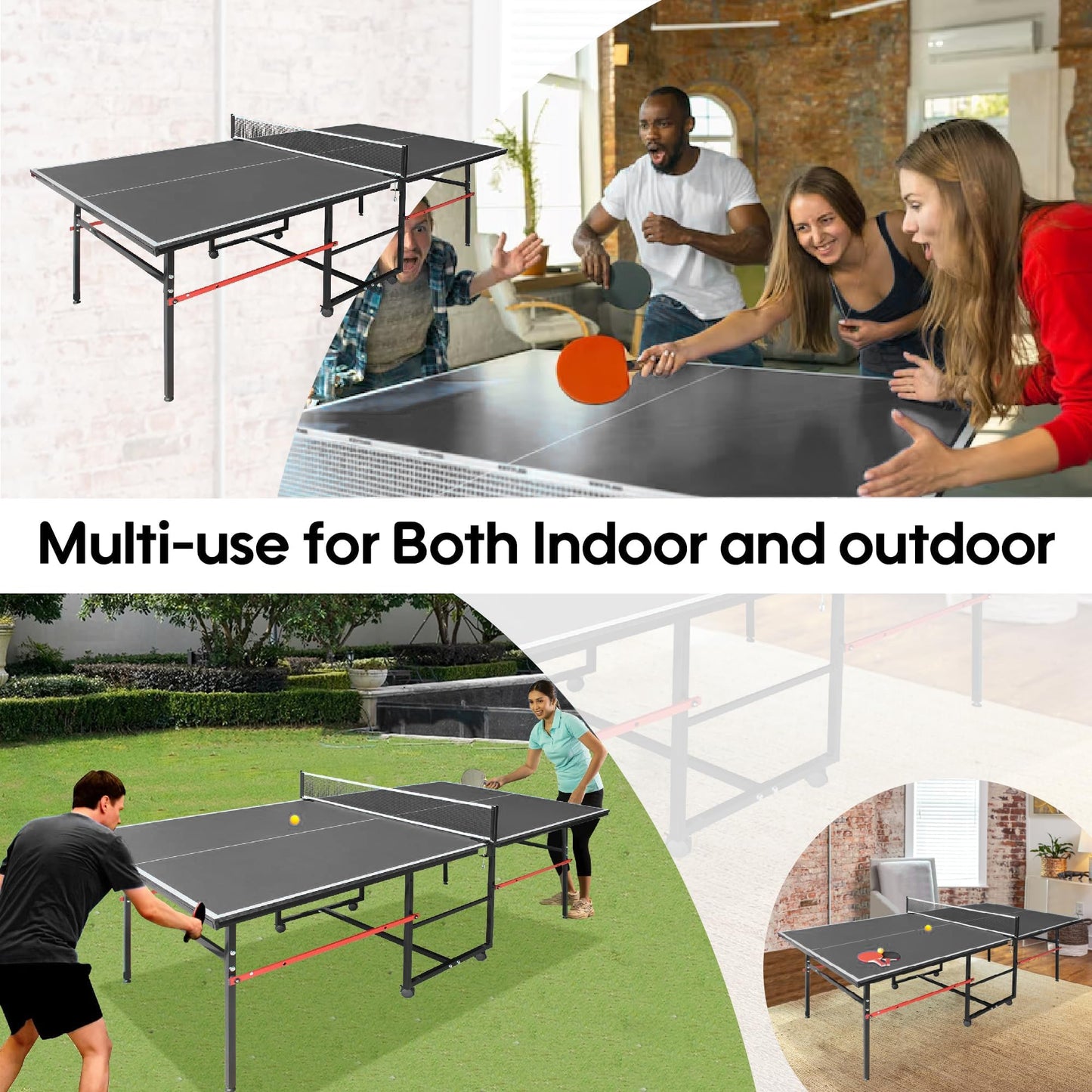8FT Table Tennis Table with Net, Indoor/Outdoor Professional Ping Pong Table for Kids Adults, Folding Ping Pong Table, Complete Set with Paddles and Balls, School Playground Game Table (Black)