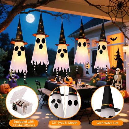FENELY 3 Packs 38" Halloween Hanging Lighted Glowing Ghosts with Witch Hat and Foot, Outdoor Indoor Decorations for Home Party Yard Patio Garden Tree