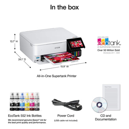 Epson EcoTank Photo ET-8500 Wireless Color All-in-One Supertank Printer with Scanner Copier, Ethernet and 4.3-inch Colorfull Touchscreen - White