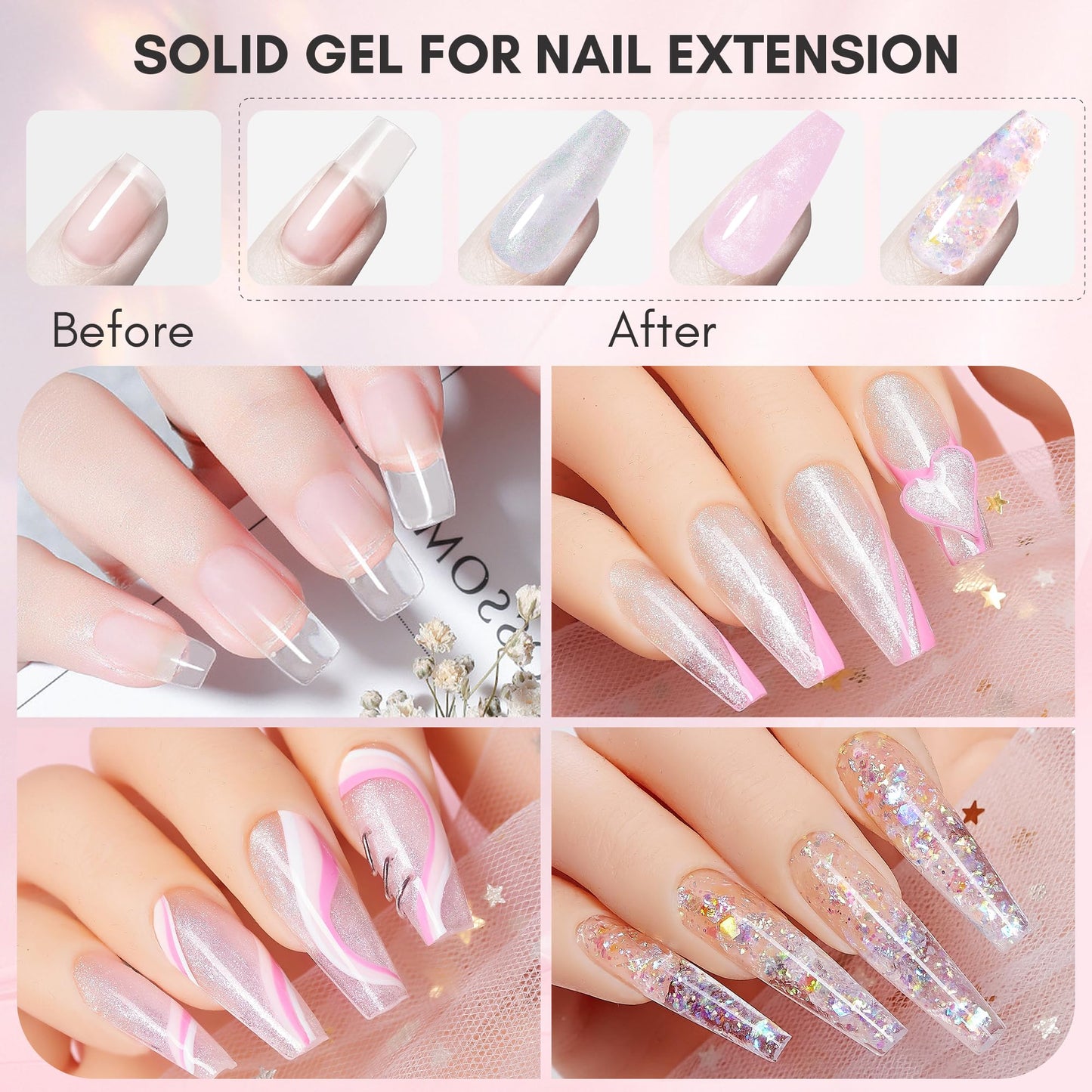 Makartt Clear Gel Builder Kit: Self-Levelling, Long Lasting Extension Hard Gels for Strengthener, Broken Nails Repair Gel Kit with Paper Forms, Dual forms, Nail File and Dual-End Brush 1.06 oz