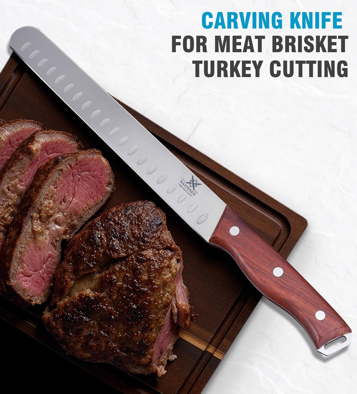 Naitesen 3PCS Professional Brisket Carving Knife Set, Butcher Knife, Very Sharp Meat Knives for BBQ Slicing Cutting Full Tang Rosewood Handle High Carbon Steel, Gifts for Men Women