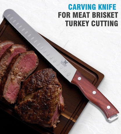 Naitesen 3PCS Professional Brisket Carving Knife Set, Butcher Knife, Very Sharp Meat Knives for BBQ Slicing Cutting Full Tang Rosewood Handle High Carbon Steel, Gifts for Men Women