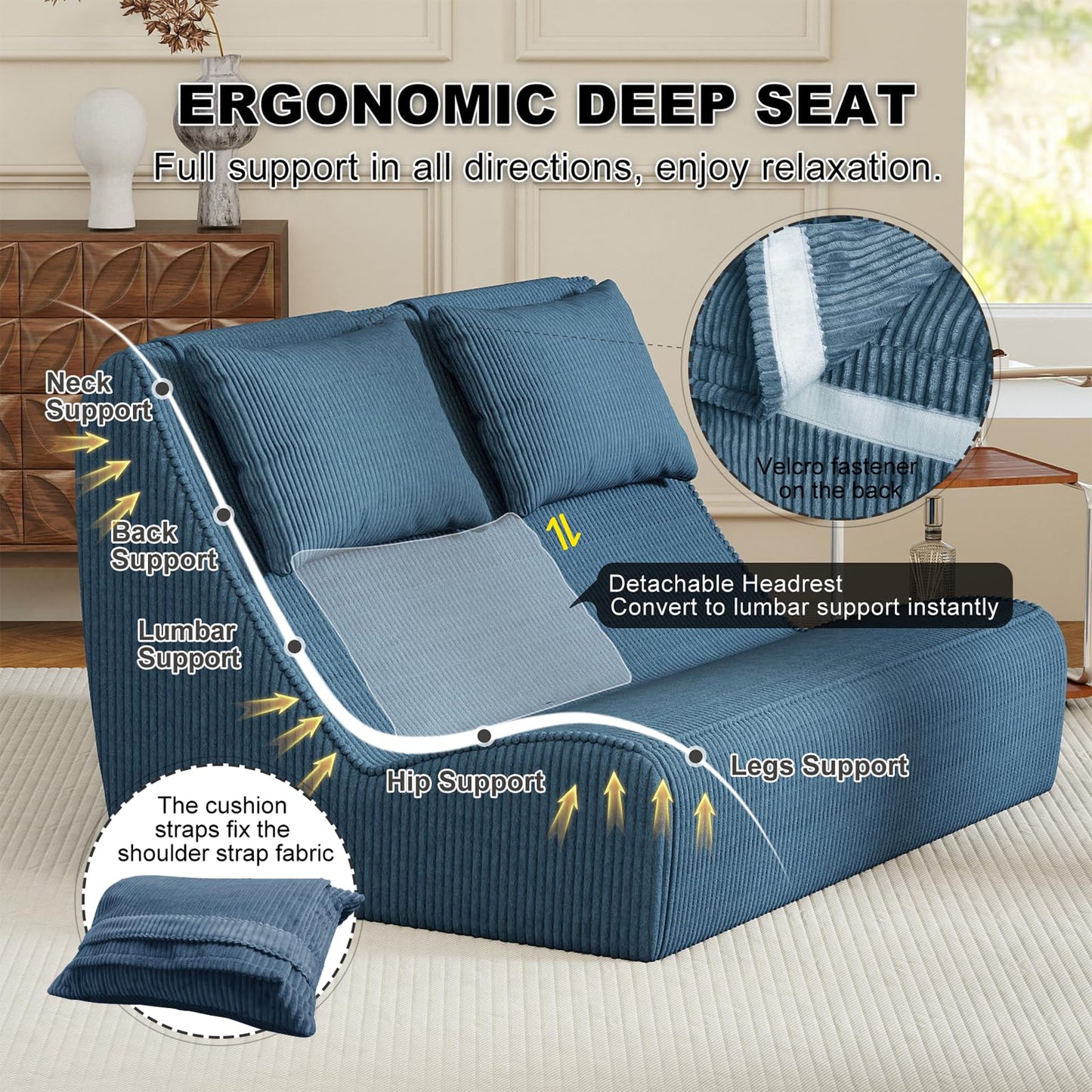 Giant Bean Bag Chair for Adults - Indoor Chaise Lounge with Pillows & Ottomans, Upholstered Loveseat Floor Sofa Chair for Reading, Gaming, Napping, and Movies (Royal Blue)