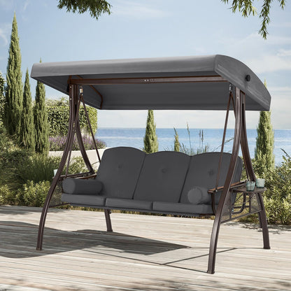 HOMREST 3 Person Outdoor Porch Swing with 1.5" Upgraded Cup Holder, Adjustable Canopy, Backrest, Patio Swing Bed with Weather Resistant Steel Frame, Cushions for Garden,Deck and Poolside(Gray)