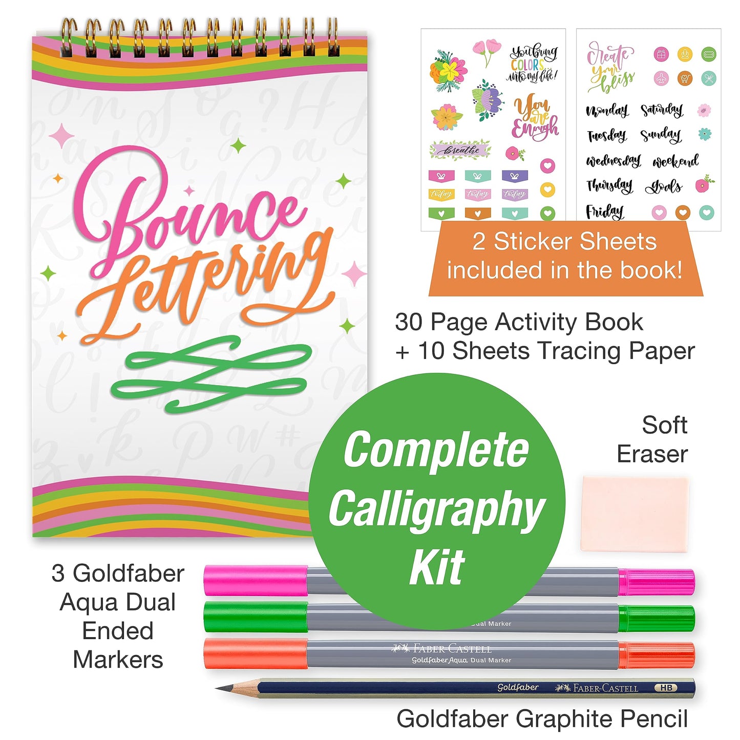Faber-Castell Bounce Lettering - Hand Lettering for Beginners, DIY Crafts Project with 3 Brush Pens for Lettering