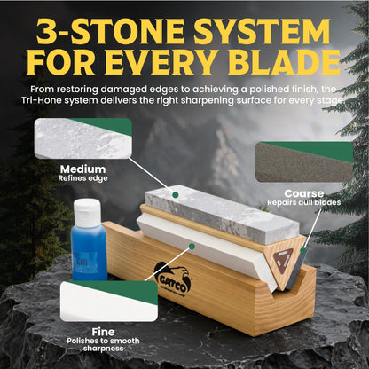 Gatco Arkansas Tri-Hone Sharpening Stone System – 3 Grit Knife Sharpening Kit with Soft, Medium & Coarse Stones, Honing Oil & Wood Base for Knives, Chisels, Blades, Straight Razors & Outdoor Tools