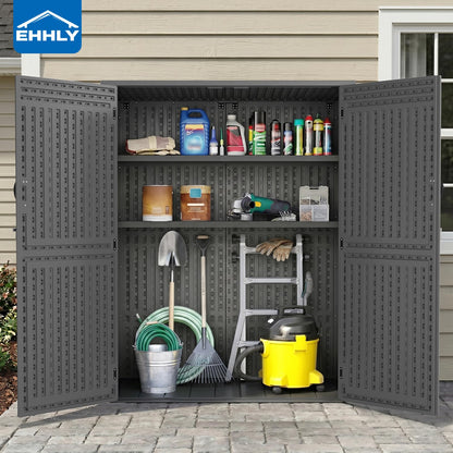 EHHLY Vertical Resin Storage Shed with 2 Shelves, 60 Cuft Garden Tool Sheds & Outdoor Storage, Plastic Outdoor Storage Cabinet Waterproof, 4.5 x 2.3 ft Backyard Outside Lawn Mower Storage Shed, Grey