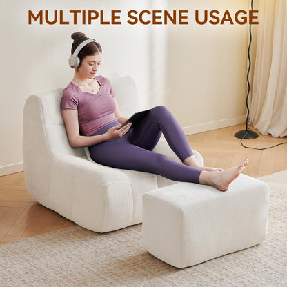 Bean Bag Chair With Footrest,Integrated Sponge Lounge Chair,Comfortable Bean Bag Sofa with Backrest, Faux FurBeanBagChair forAdultsandKids, Ideal for Bedrooms,Living Rooms,and Apartments(White)