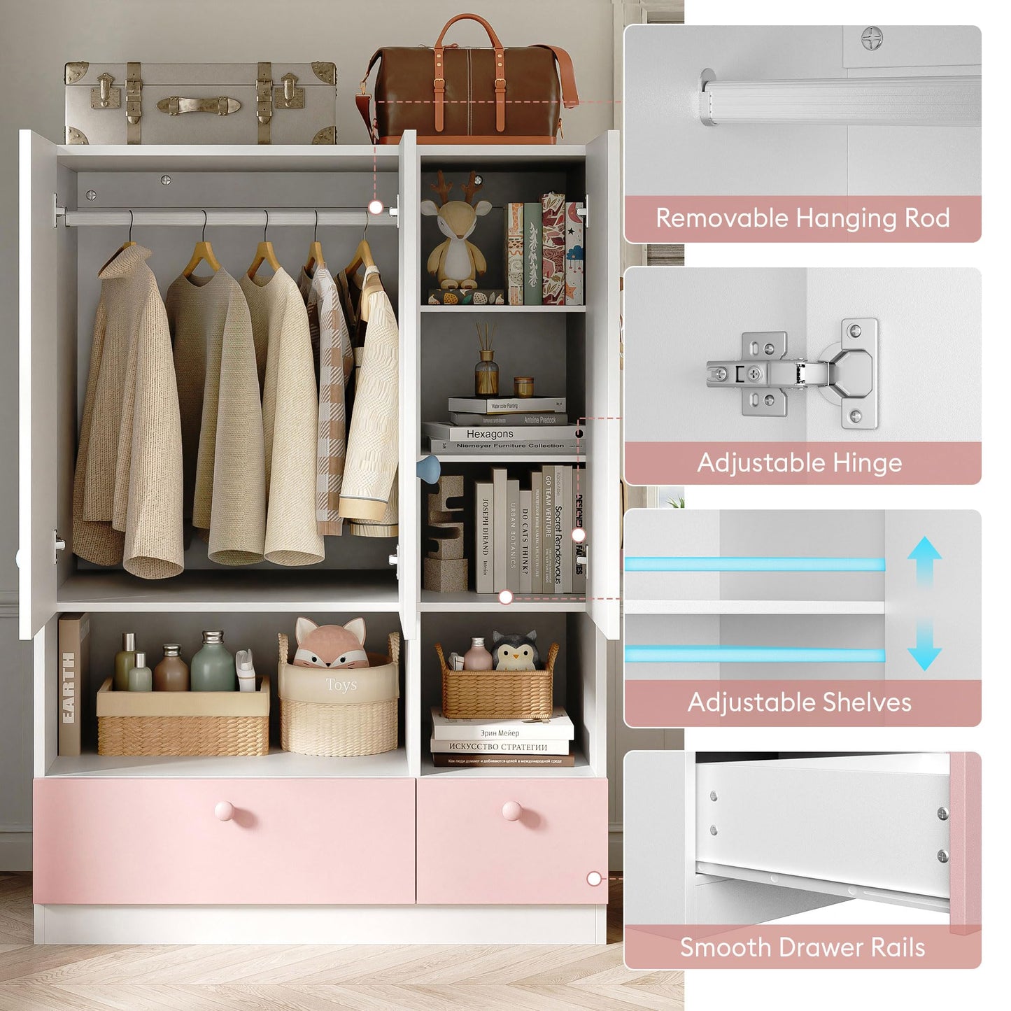White Armoire Wardrobe Closet with Hanging Rod - Freestanding 3-Door Wooden Wardrobe Cabinet Closet for Bedroom & Dorm, Bedroom Armoires, Features Adjustable Shelves and Drawers for Toys & Clothes