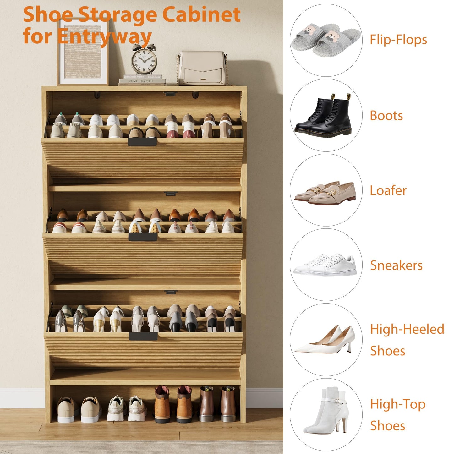 CABIHOME Shoe Storage Cabinet for Entryway, 32" Wide Fluted Shoe Cabinet with 3 Flip Drawers Doors, Shoe Rack Tall Freestanding Shoe Organizer for Entrance, Hallway, Living Room, Natural