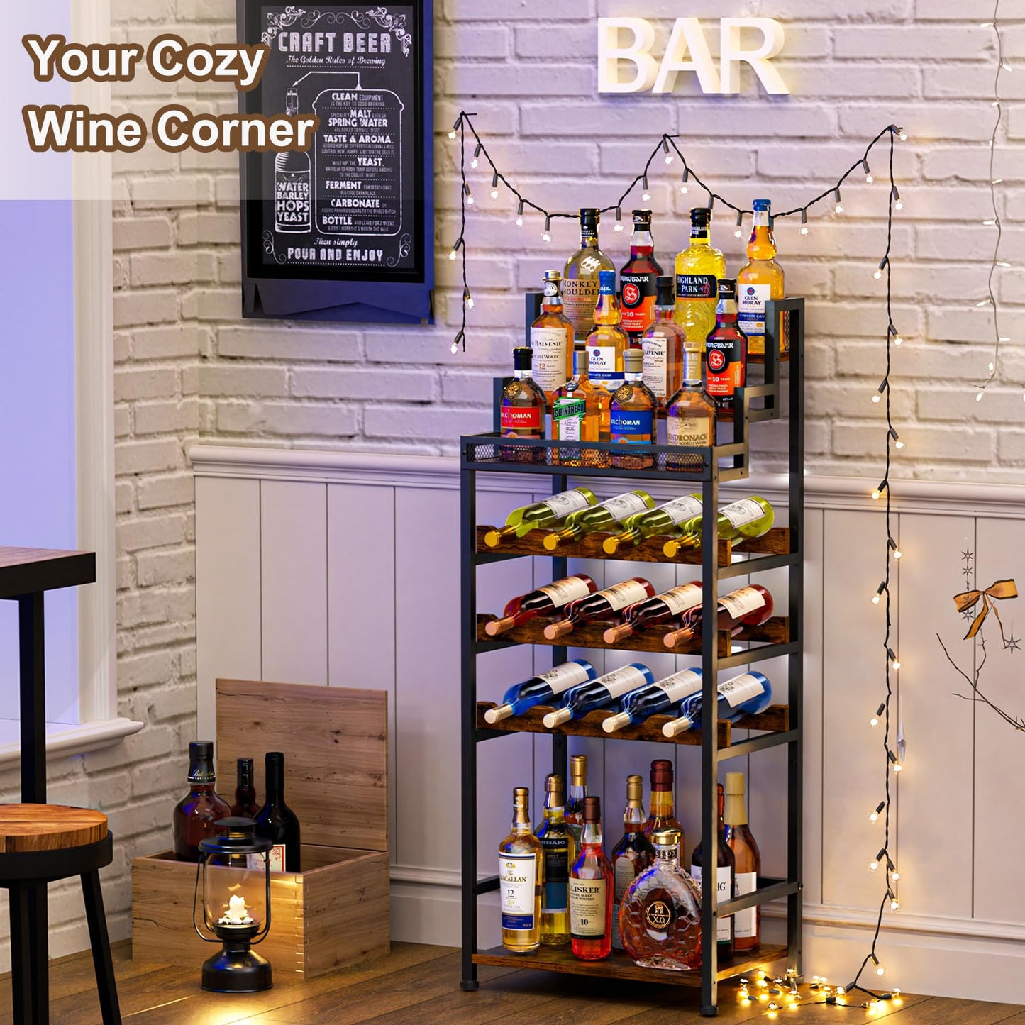 Tiered Wine Rack and Liquor Cabinet, Large Capacity Freestanding Floor Wine Storage Shelf for Red Wine, Champagne & Whiskey, Stepped Bottle Display Stand for Home Bar, Living Room, Corner, Dining Room