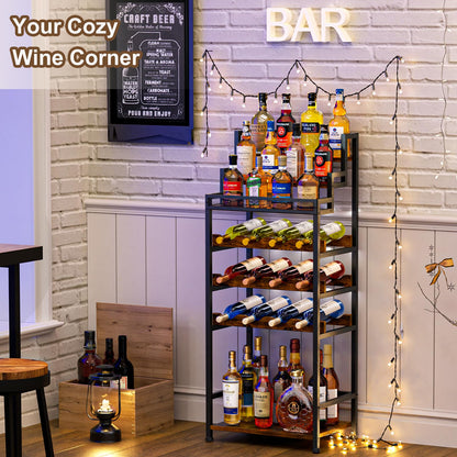 Tiered Wine Rack and Liquor Cabinet, Large Capacity Freestanding Floor Wine Storage Shelf for Red Wine, Champagne & Whiskey, Stepped Bottle Display Stand for Home Bar, Living Room, Corner, Dining Room