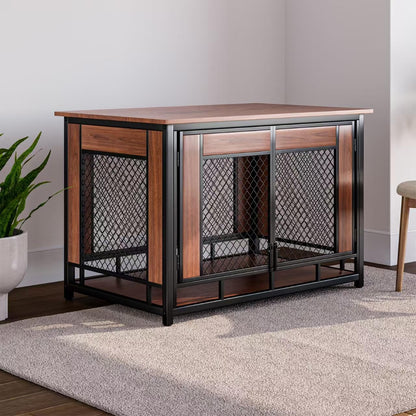 Dog Crate Furniture, 41'' Wooden Dog Kennel Furniture Indoor with Double Doors, Decorative Dog Cage End Table for Medium Large Dogs,Modern Dog Crate with Multi-Purpose Removable Tray,Rustic Brown