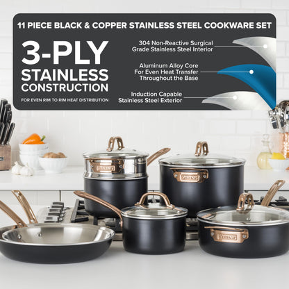 Viking 3 Ply Pots and Pans Set, 11 Piece Stainless Steel Kitchen Cookware with Glass Lids, Black with Copper