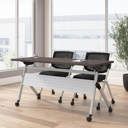 Bush Business Furniture Folding Training Table Set for 2, 60 inch, 2 Mesh Back Folding Chairs, Commercial-Grade Bundle for Office or Classroom, Envision Collection, Gray