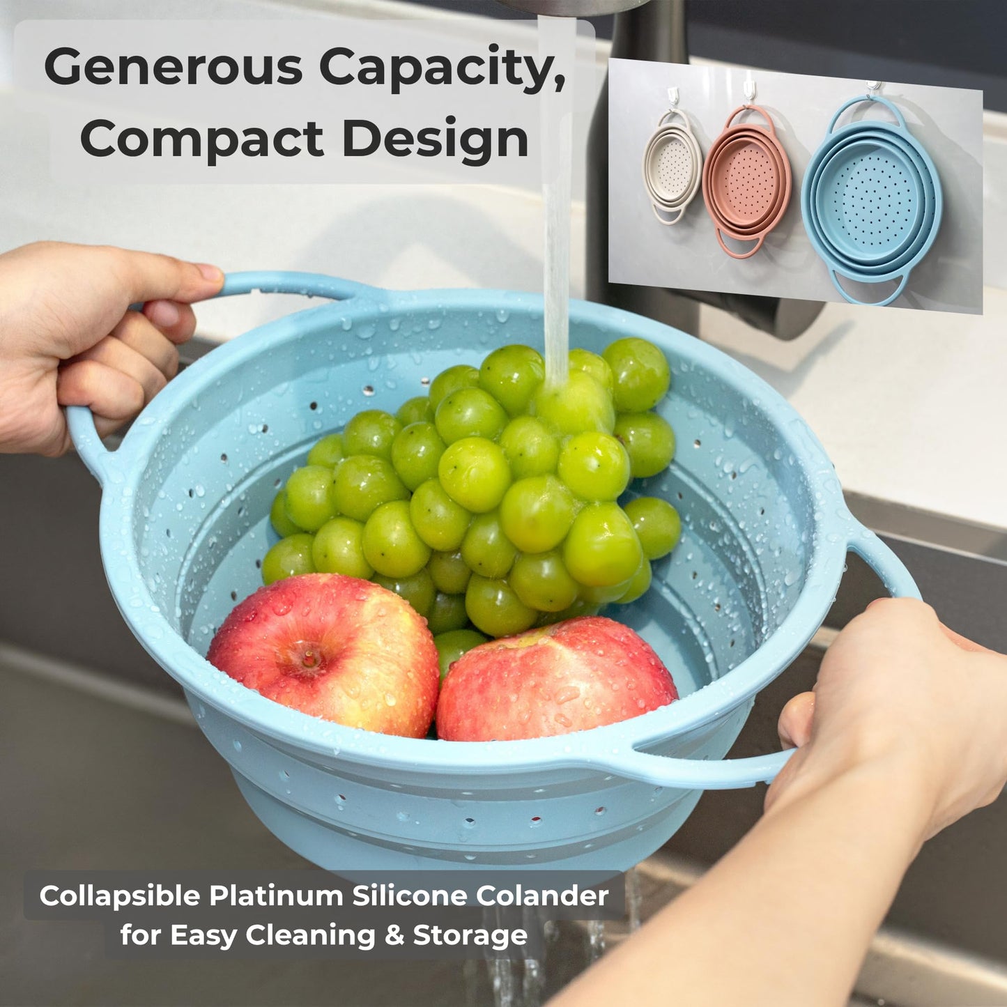 Silicone Colander Set – Collapsible Platinum Silicone Strainer with Stainless Steel Rim, Space-Saving & Heat-Resistant, Dishwasher Safe, BPA-Free by SelectShen™ (3 Pack)