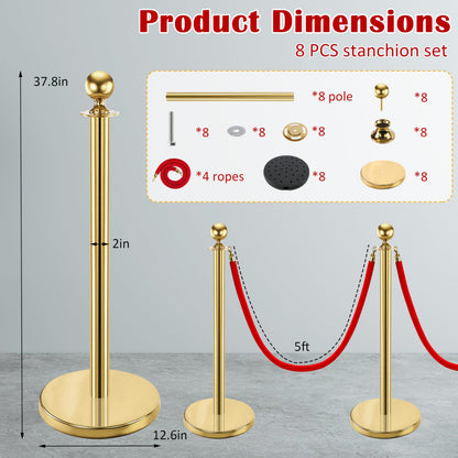 Goldshire 8 PCS Stanchions and Velvet Ropes Set, Stainless Steel Post with 4 Red Velvet Ropes, Crowd Control Barriers, Red Carpet Runner Poles for Party, Wedding, Queue