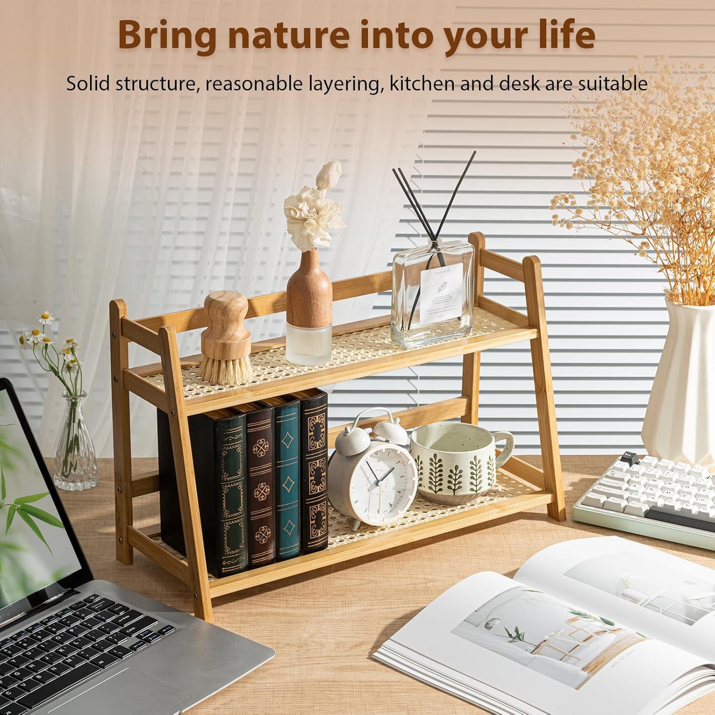 1 2 Countertop (Wood,17.7 Inch) Yalikop Pcs Tier Matcha Station Shelf Bamboo Coffee Mug Stand Storage Rack, Double