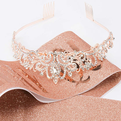 Didder Tiaras for Women, Crystal Rose Gold Birthday Queen Sash, Elegant Princess Crown with Combs for Girls Party