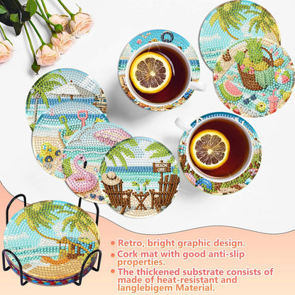 8 PCS Diamond Art Coasters Kits Beach Diamond Painting Coaster Kits Diamond Coasters with Holder Cork Pads Gem Art Dots Paintings Crafts Supplies for Adults Beginners
