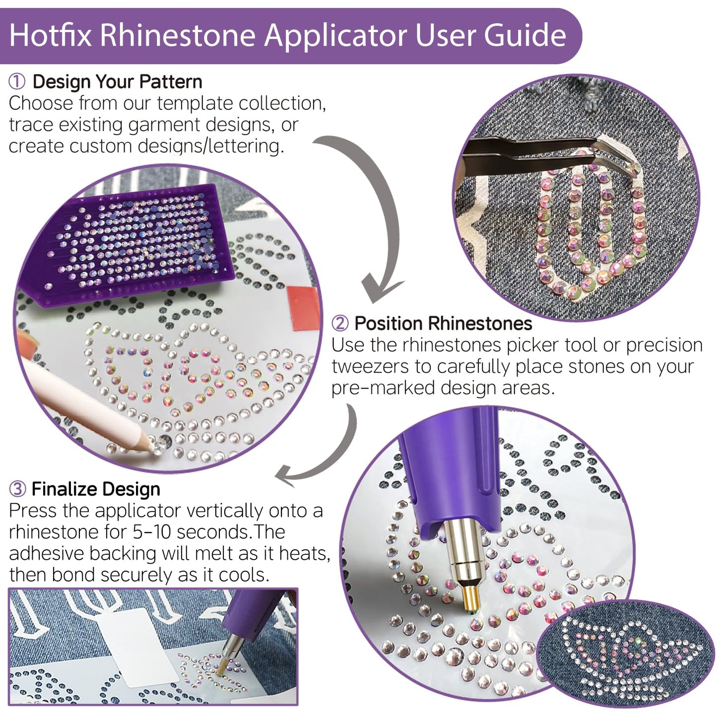 Hotfix Rhinestones Applicator Kit Set 4500 Pcs Crystals (White/AB/Multi-Color) - Bedazzler DIY Craft Includes 19 Pattern Templates, Tweezers, Brush, Storage Bag - for Clothes, Fabric, Jeans (Purple)