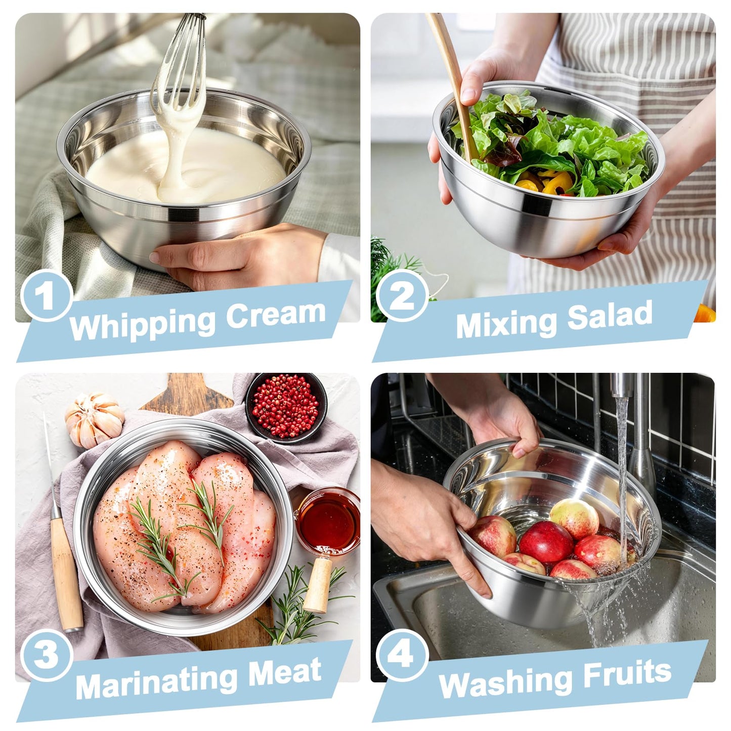 TeamFar Mixing Bowls, Stainless Steel Nesting Salad Bowls with Airtight Lids Set, For Serving/Mixing/Storing, Healthy & Long-lasting, Dishwasher Safe & Easy Clean, 4.6/3 / 1.5 QT, Black