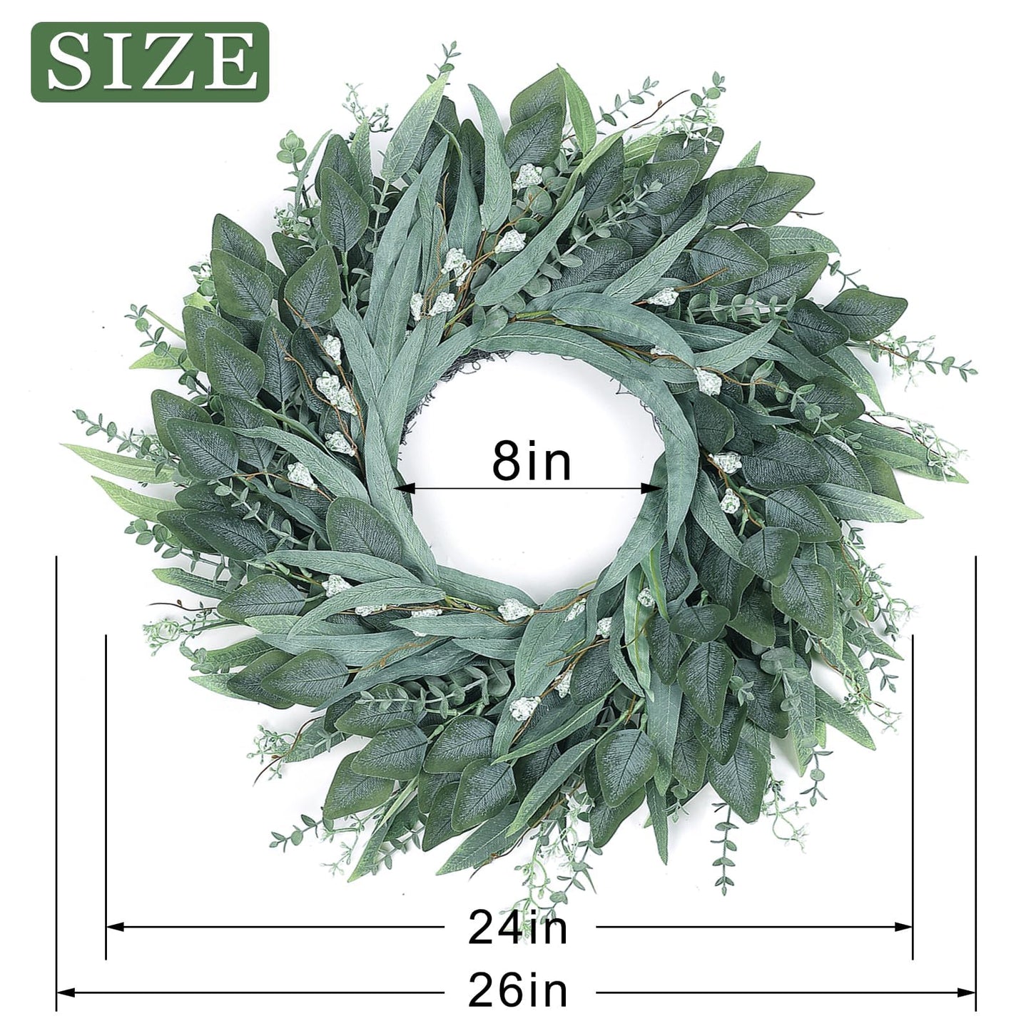 26" Eucalyptus Wreath for Front Door - Large Artificial Greenery Outdoor Wreath for Porch, Window,Farmhouse,Home,Holiday,Hanging Decor- Spring, Summer, Fall, All Seasons (Green)