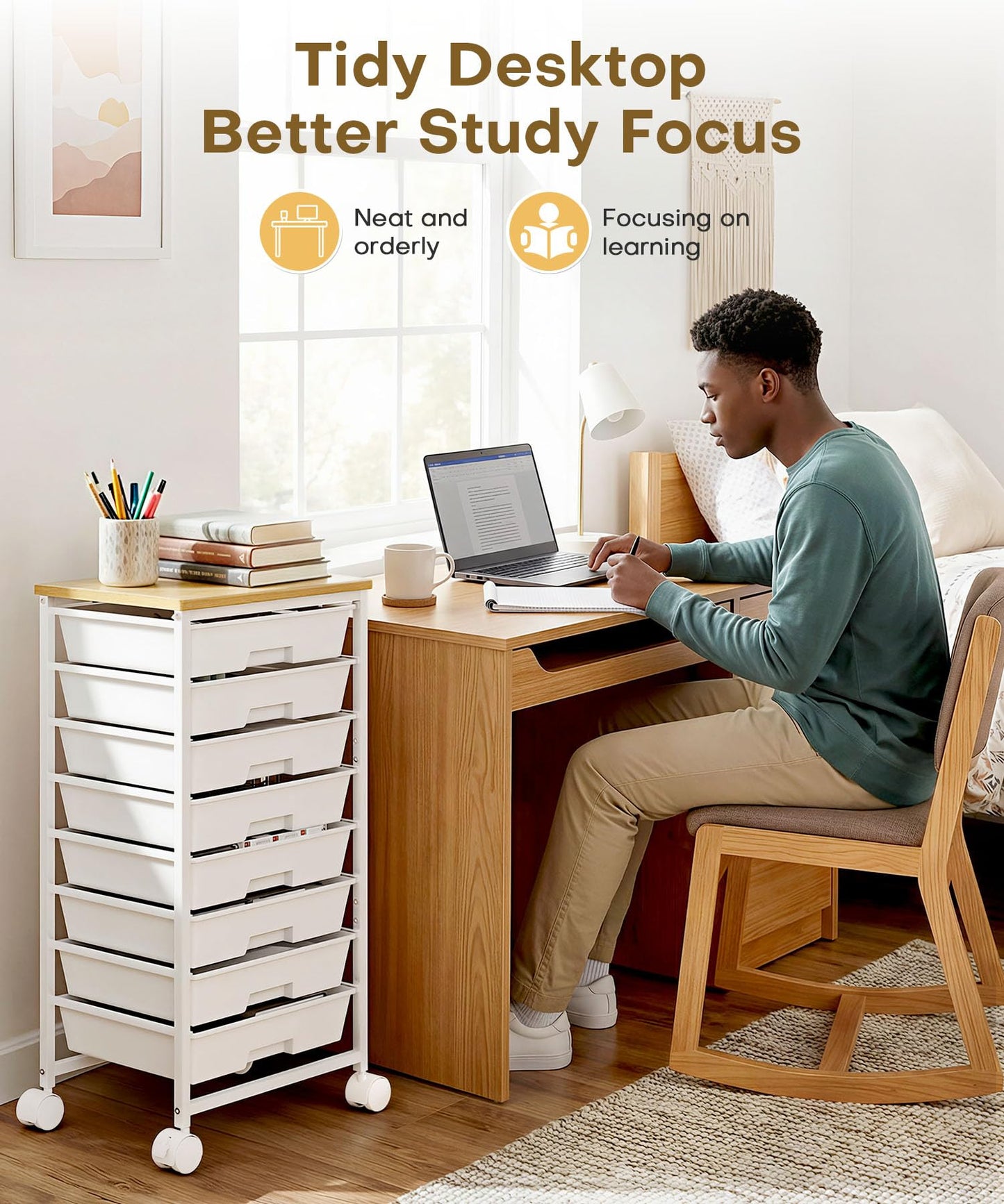 Homde Rolling Storage Drawer Cart: 8-Drawer Sort to Clear Desk & Dresser Clutter - Anti-Fall Smooth Glide Prevents Spill-Out During Daily Grab - Lockable Wheels Keep It Steady