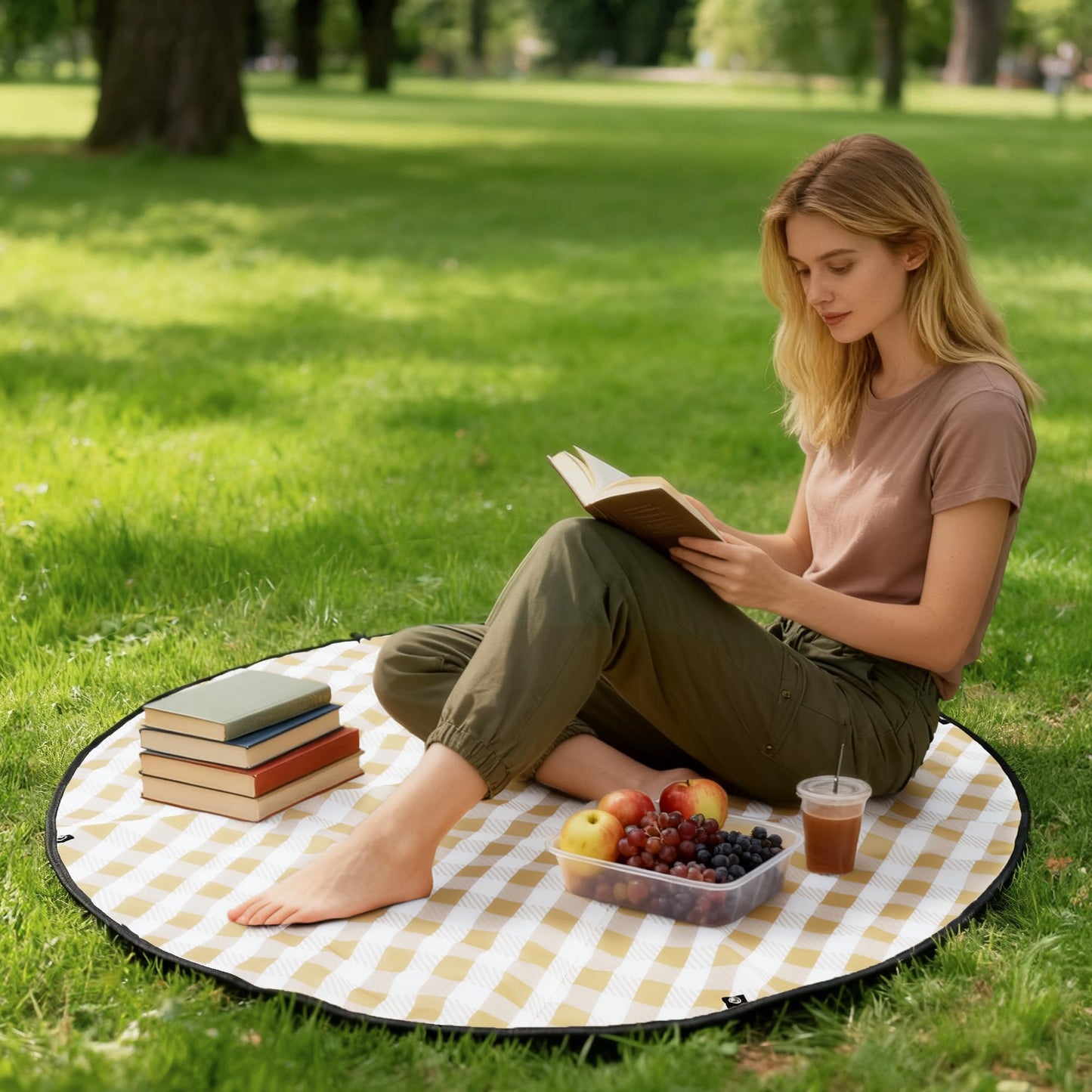 GRANNY SAYS 2-in-1 39¼”D Brown Waterproof Picnic Blankets & Tote Bag, Medium Picnic Mat for Camping, Grass, and Park, Foldable 3-Layer Outdoor Blanket, Sand-Free Beach Blanket with 1 Clip and 4 Stakes