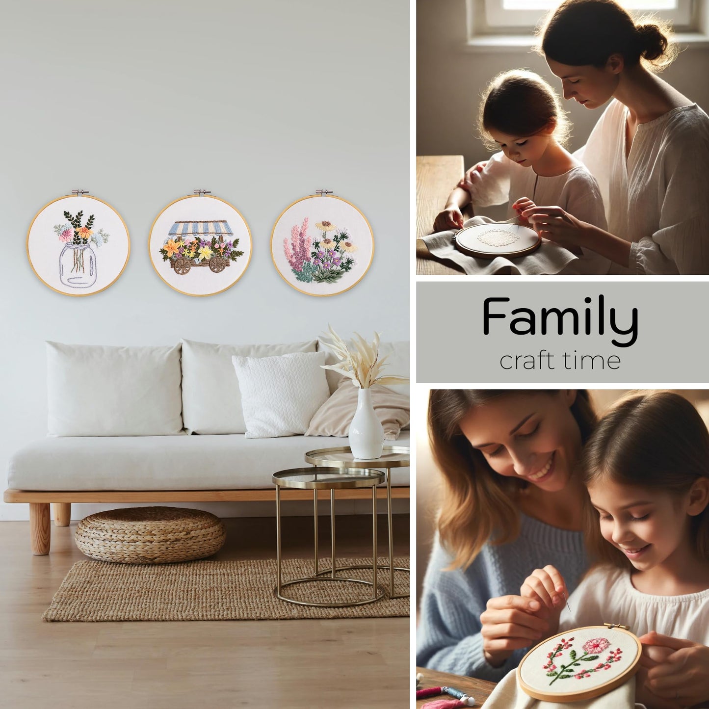 Looples Embroidery Kit for Beginners and Adults with Video Tutorials – DIY Starter Kit with 3 Stamped Floral Patterns, Hoops, Threads, Needles, and Instructions - Cart, Glass Jar, and Flowers