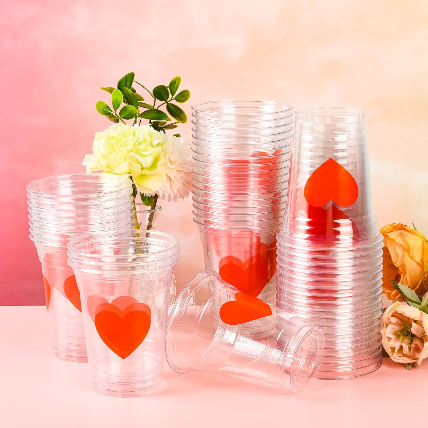 AimFun 50Pcs Valentine's Day Plastic Cups Red Heart Party Cups 12oz Clear Heart Disposable Drinking Cups for Valentines Wedding Galentine's Day Anniversary Party Supplies