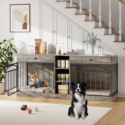 GarveeHome Dog Crate Furniture for 2 Dogs, Dog Kennel Indoor with Storage and Feeding Bowls, Double Dog Crate TV Stand for Small Medium Dogs, Grey