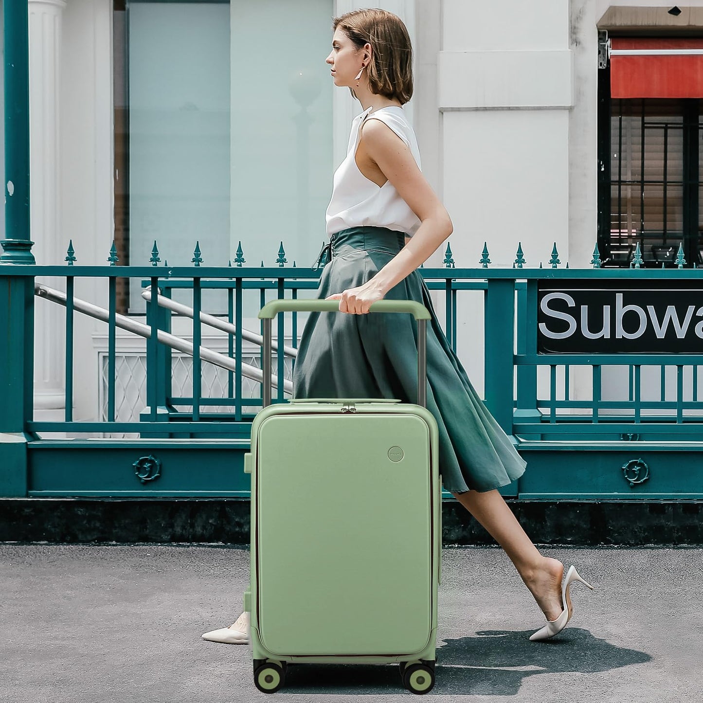 mixi Carry On Luggage Wide Handle Luxury Design Rolling Travel Suitcase PC Hardside with Aluminum Frame Hollow Spinner Wheels, with Cover, 20 inch, Avocado Green