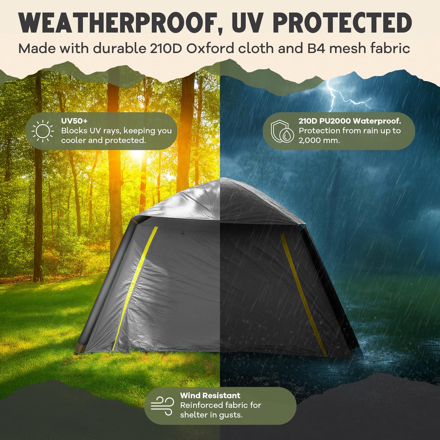 Oaktiv Inflatable Tents for Camping - CloudCamp Glamping Tent for 6 People Waterproof Oxford Fabric(210D), Quick Setup Air Tent with Manual & Battery Pump, UV Protection, 4-Season Inflatable Tent