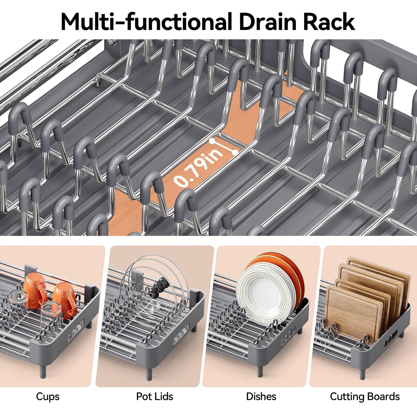 Urackify Stainless Steel Dish Drying Rack - Dish Drainer for Kitchen Counter, Extendable Drainboard with Foldable, Space-Saving Cup & Bowl Organizer, Includes Knife and Utensil Holder, Gray