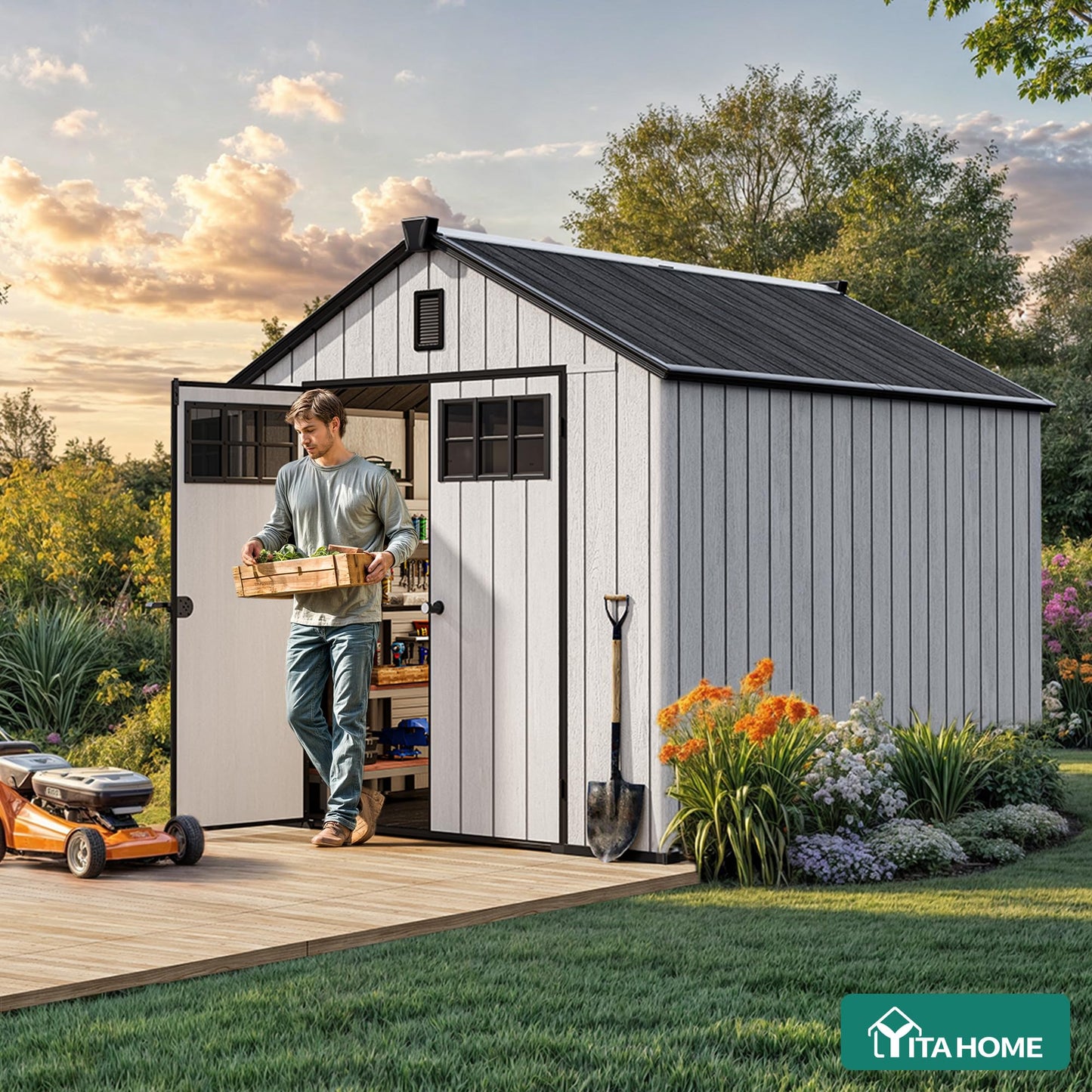 YITAHOME 8x10 FT Outdoor Storage Shed with Floor, Extra Thick Plastic Garden Shed for Bikes, Tools and Pool Supplies, Outdoor Resin Shed with Door Window Insert & Vents for Patio, Lawn, Backyard, Gray
