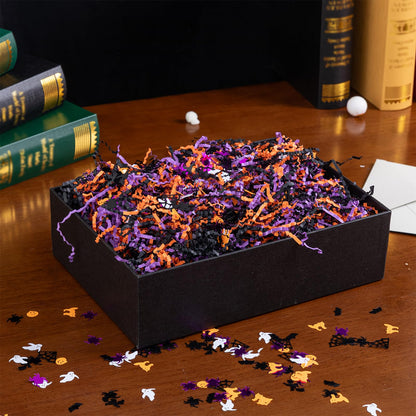 CIPOWM 16oz Halloween Crinkle Cut Paper Shred, 3 Colors Raffia Paper Shred Filler with Halloween Confetti Shredded Paper Grass for Gift Wrapping Craft DIY Gift Bag Box Filling Party Supply