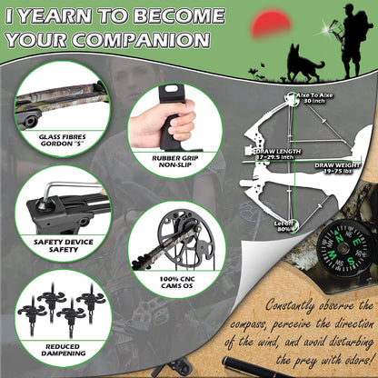 Compound Bow Kit, Hunting & Targeting, Gordon's Limb Made in USA, Draw Weight 19-75 lbs Adjustable, Draw Length 17”-29.5",up to IBO 325FPS Speed, with Archery Hunting Accessories (Right Hand, Camo)